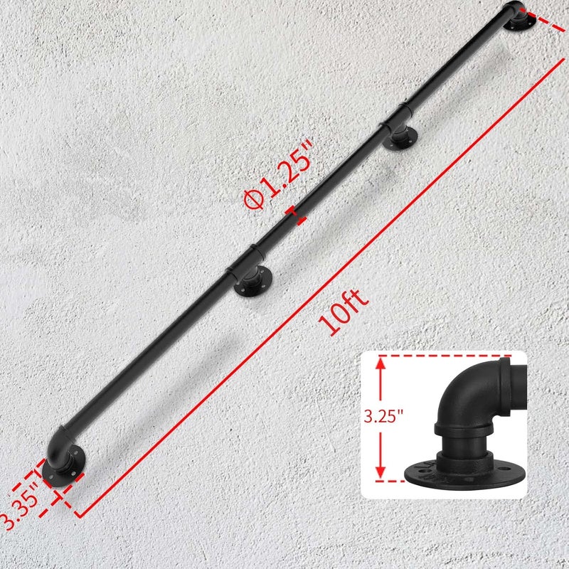 PNBO Wall Handrail 10FT/300CM, Industrial Staircase Railing 1.25 Inch Tube Diameter, Galvanized Pipe Handrail for Wall Mounted Stairs - Image 2